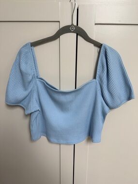 H&M Baby Blue Ribbed Puff-Sleeve Crop Top